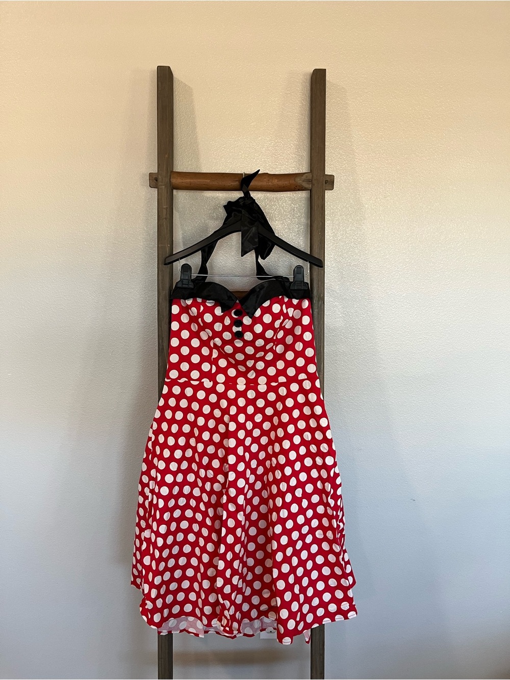 Women’s Red Polka Dot Halter Dress with Black Trim